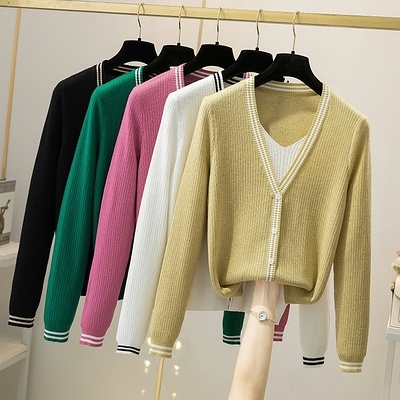 長袖針織開衫外套~假兩件套V領針織衫上衣女長袖洋氣外穿軟糯毛衣潮MB080日韓屋