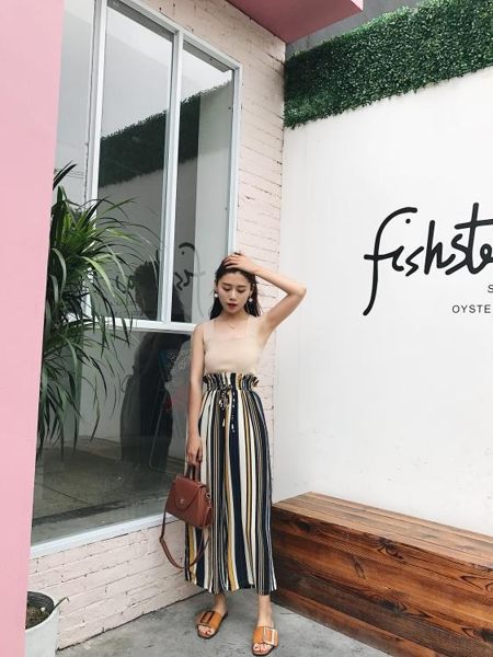 薄款條紋雪紡百褶垂感