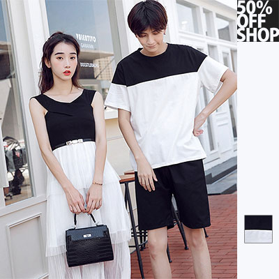 50%OFF SHOP撞色拼接落肩情侶款TEE【000215CAAA】