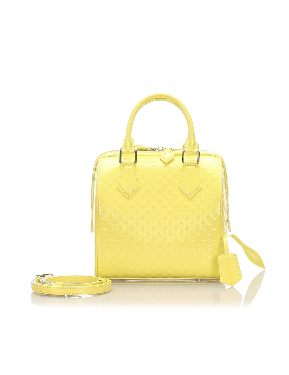 Product Details: Yellow Louis Vuitton Damier Facette Speedy Cube PM Bag. The Speedy Cube PM features
