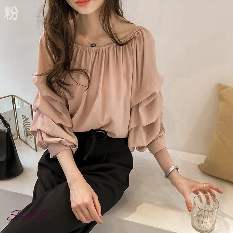 SAS 韓版氣質一字領露肩雪紡衫 顯瘦寬鬆泡泡上衣 純色打底衫 女裝 女上衣 一字領 雪紡上衣 長袖上衣【1288T】