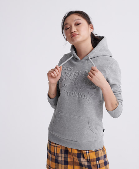 Superdry women's Tokyo 7 embossed hoodie. A classic pullover style hoodie, featuring ribbed cuffs an