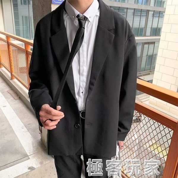 秋季港風西裝外套男新款休閒學生黑色單西韓版潮流文藝西服上衣潮