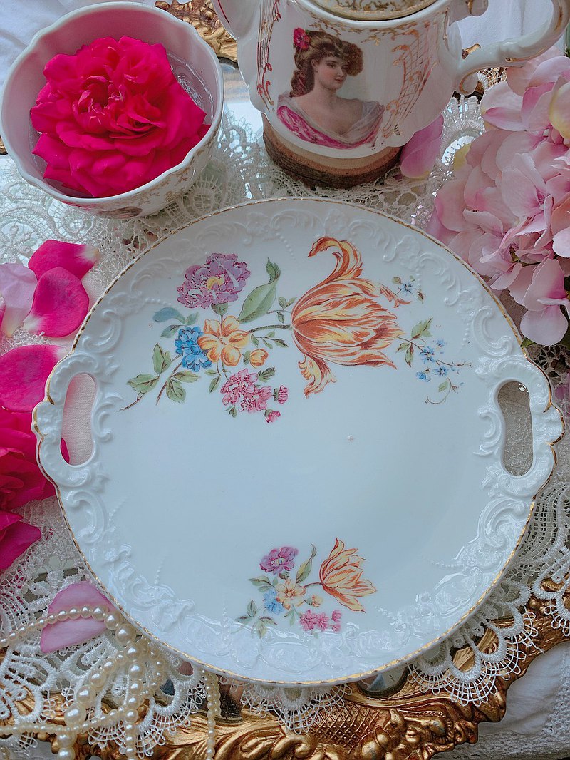 古董手繪浮雕蛋糕盤 維多利雅時期手繪浮雕古董蛋糕盤