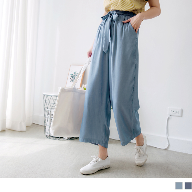 涼感仿牛仔色澤附腰綁帶質感寬褲