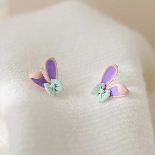 YY韓國全場免運~兔耳朵耳釘女小眾設計感可愛甜美藍色蝴蝶結耳環s925銀針耳飾百搭