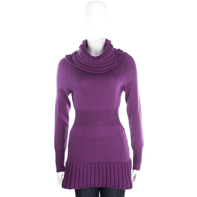 PULLAROUND 紫色拼接織紋高領針織羊毛上衣(100%WOOL)
