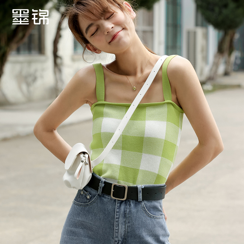 墨錦心機格子吊帶背心女夏外穿韓版無袖針織打底平口美背上衣內搭