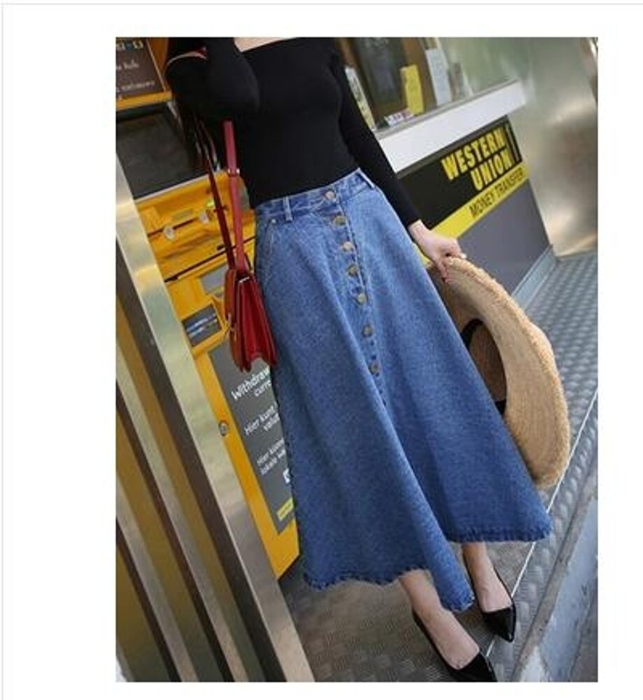 牛仔長裙女高腰顯瘦中長款a字半身裙單排扣大擺傘裙 名購居家