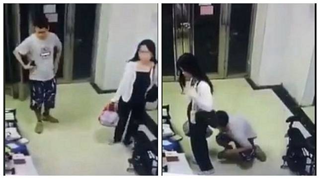1名男子尾隨女子進入大廳後，趁對方不注意3度到她身後蹲下聞下體。(圖／翻攝自臉書)