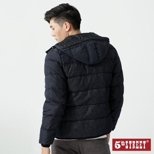 5th STREET 丹寧剪接 羽絨外套-男款 丈青 連帽可拆