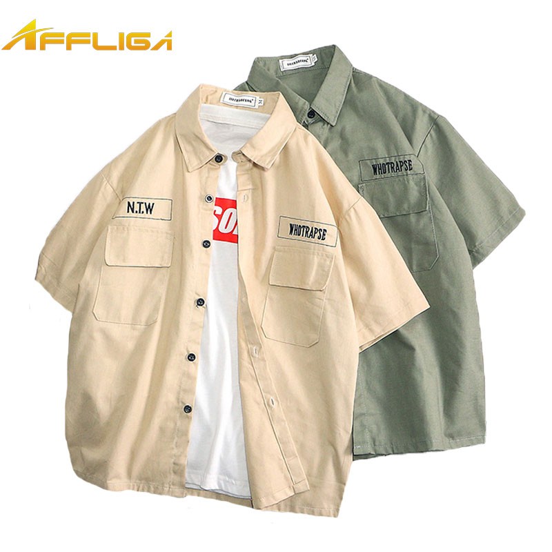 夏季復古工裝風刺繡印花短袖襯衫 韓版寬鬆帥氣休閒五分袖 文藝范男生素面翻領短袖 青少年學院風免燙襯衣 正韓上衣 男生衣著