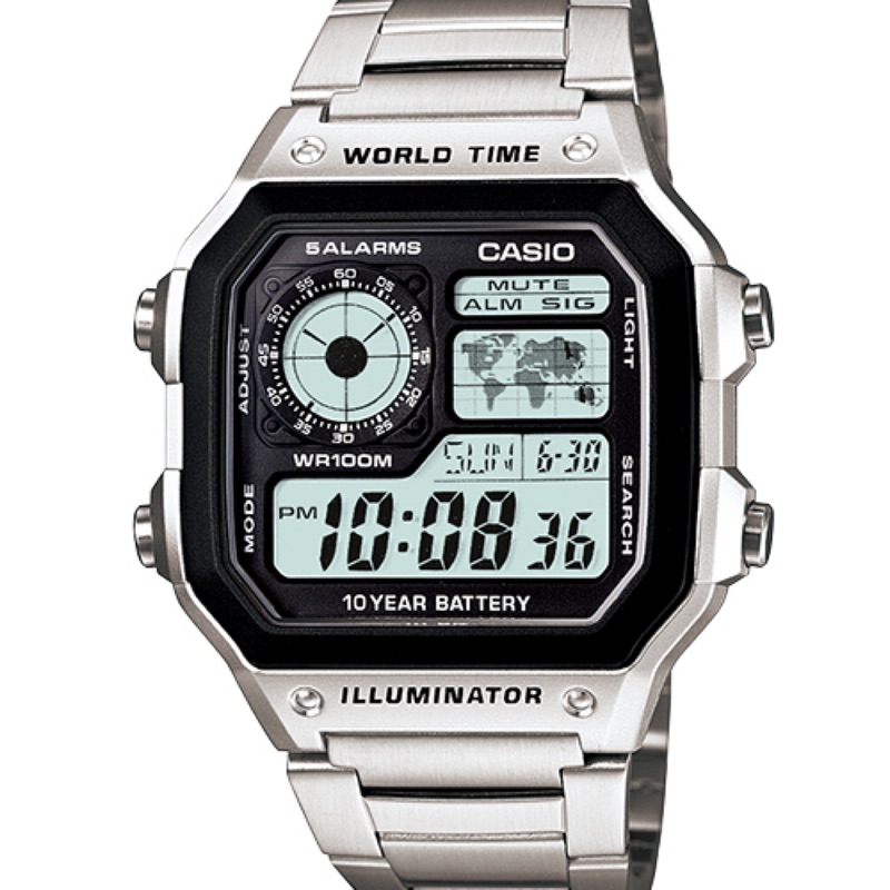 CASIO卡西歐世界地圖顯示世界時間地點防水100米、LED照明AE-1200WHD- 1A AE-1200WH