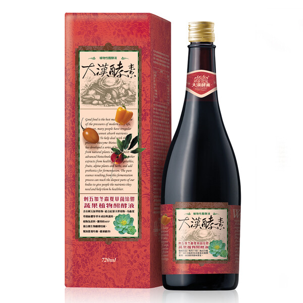 規格說明 1.商品名稱大漢酵素刺五加冬蟲夏草菌絲體蔬果植物醱酵液 2.容量規格720mlx1瓶 3.成份來源蔬果植物液(鳳梨番薯柳橙檸檬番茄玉米番石榴甜瓜南瓜百香果青花菜蘋果酸橘葡萄楊桃芥菜黃豆桑椹甜