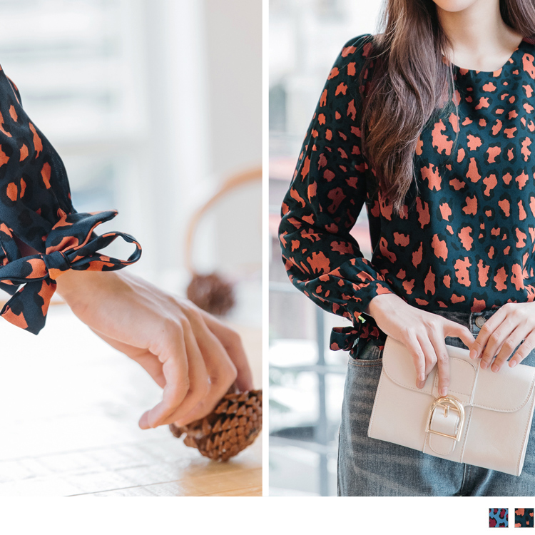 採用較厚的針織內裡， 使穿著保暖增溫一整天~ 甜美感的豹紋印花打造時髦品味穿著， 袖口的綁帶點綴使整體感造型加分! ********************** 小提醒： 深色衣物建議單獨洗滌，以翻面