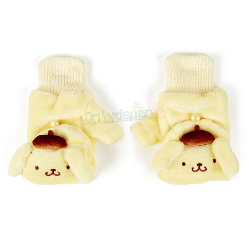 【真愛日本】4901610864043 保暖絨毛兩用手套-PN大臉黃ED101 布丁狗 三麗鷗 兩用手套 秋冬手套 半指露指手套 禦寒手套 保暖 手套