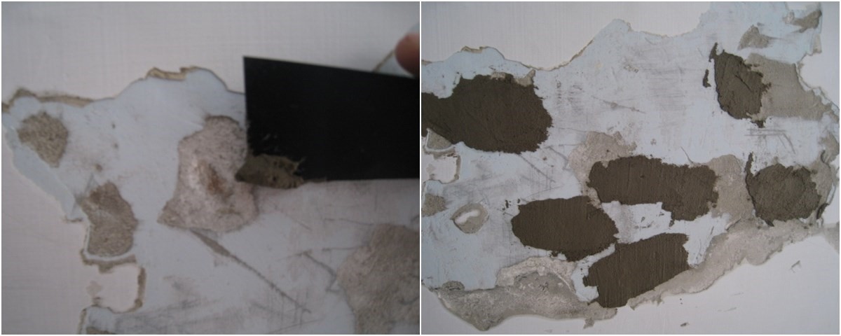 用金屬小披刀將較深坑洞填滿，若材料無法附著，代表粉屑未清乾淨，要先處理掉（左）；接著請確認漿料都有壓實，才不容易壁癌復發（右）。