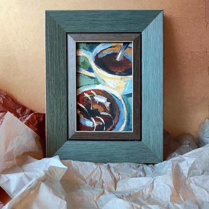 原創油畫咖啡和甜甜圈。舒適的巧克力牆藝術。裝框藝術