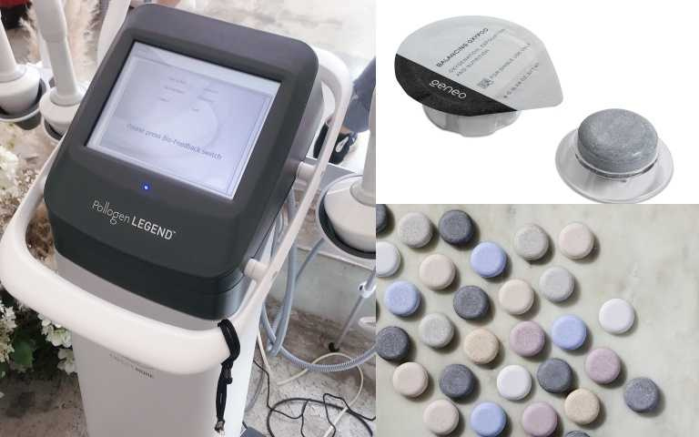 新一代傳奇電波機器。右邊是製成膠囊狀的保養成分，不同顏色表示不同保養效能，例如灰色是淨膚型、白色是淨白型保養。(圖/品牌提供、黃筱婷攝影)