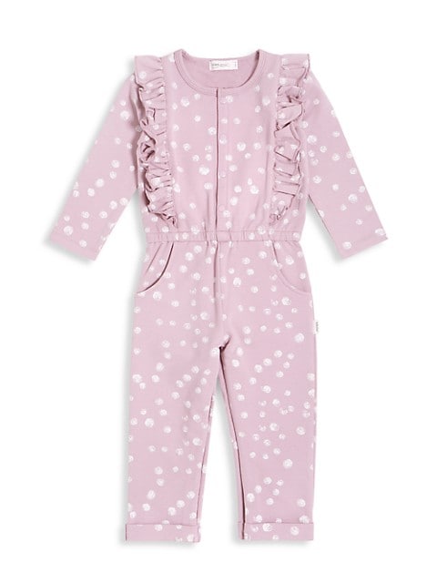 Long sleeve all over print playsuit with ruffles, front opening with snaps and inseam hidden snaps, 