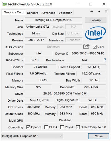 繪圖處理器為具有24個處理單元的Intel UHD Graphics 615，最高時脈可達900Mhz。。