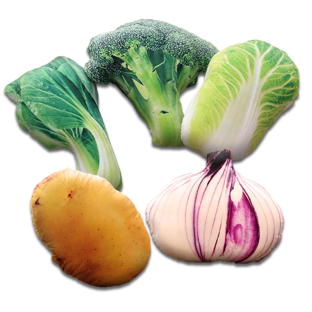 高仿真蔬菜抱枕 不掉色可水洗 材質:PP棉 造型:花椰菜、青菜、馬鈴薯、大白菜、洋蔥 尺寸:55x35cm 產地:中國 【庫存注意】 下單時隨機款式請備註留言，或下單前先詢問是否為有現貨，「無備註則視