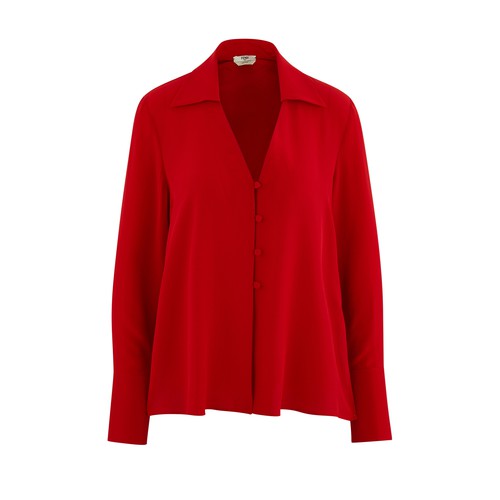 Sleek and straight, the cut of the Fendi label's V-neck blouse is combined with a crepe de Chine fab