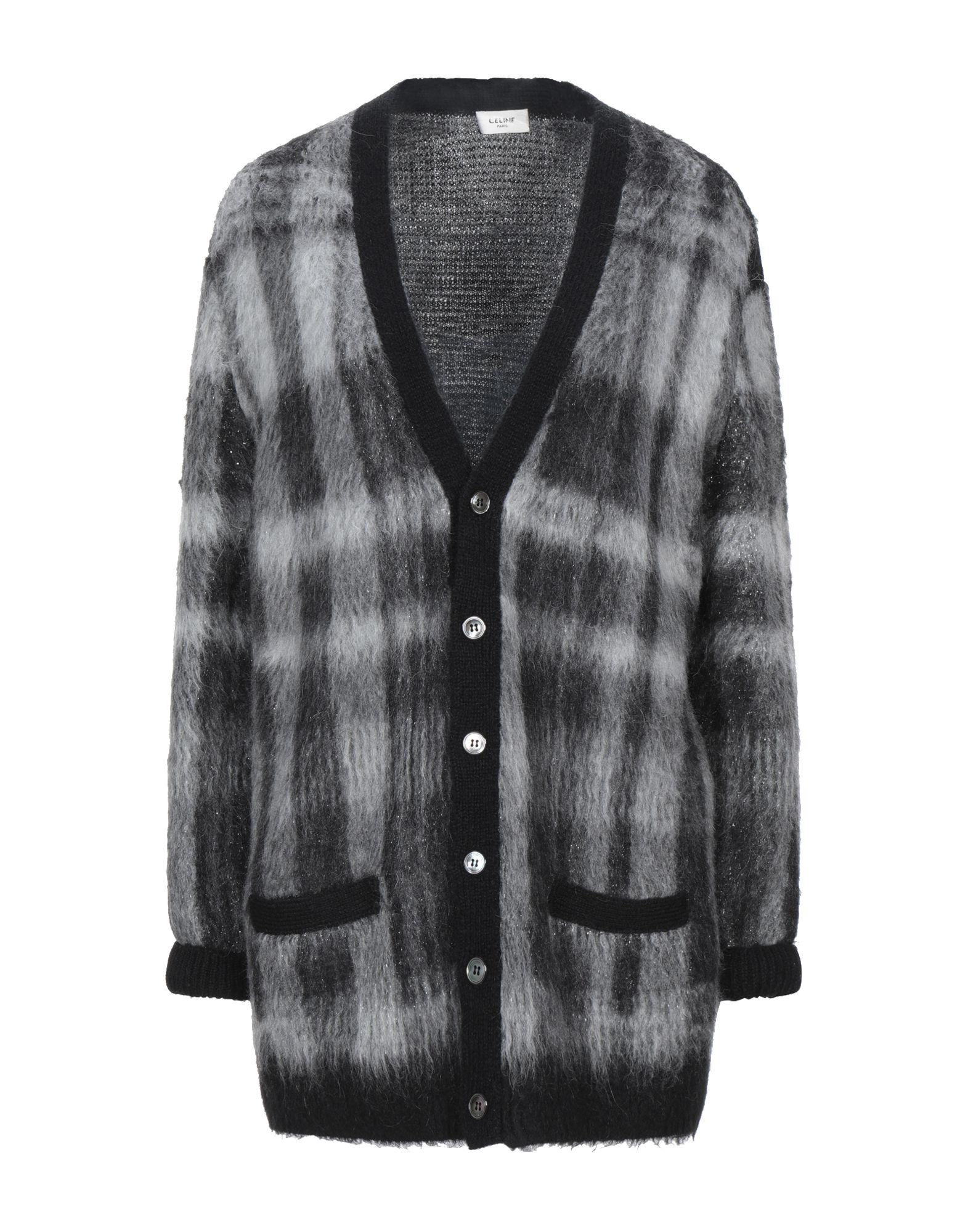 knitted, lamé, no appliqués, medium-weight knit, v-neck, checked, long sleeves, front closure, butto