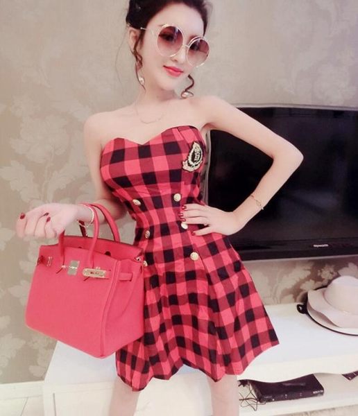 流行洋裝 抹胸小禮服連身裙女性感海軍風格子顯瘦露背工作服短裙夏 『轉角1號』