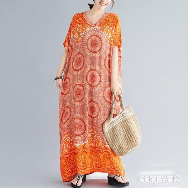 加大加肥200斤胖妹妹寬鬆大碼文藝復古印花連身裙女夏季新款2019