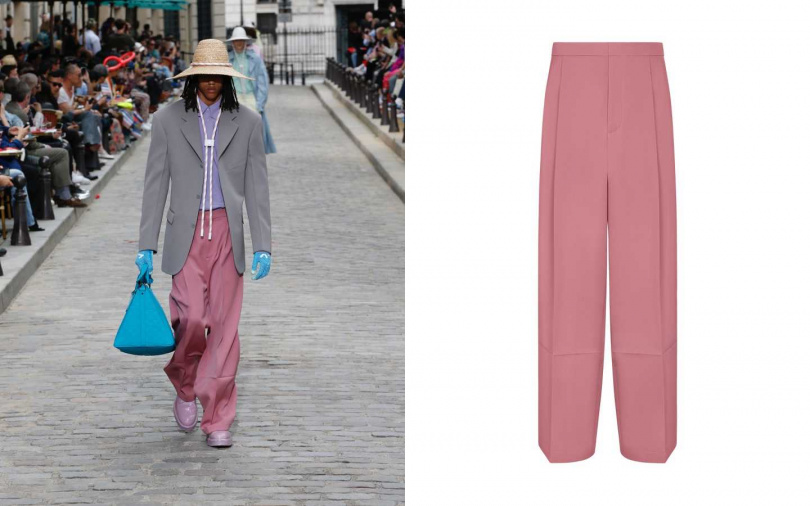 以粉紫、粉紅、灰與天藍色堆疊出城市花園中的一角。LOUIS VUITTON 皺褶長褲／41,900元（圖／品牌提供）