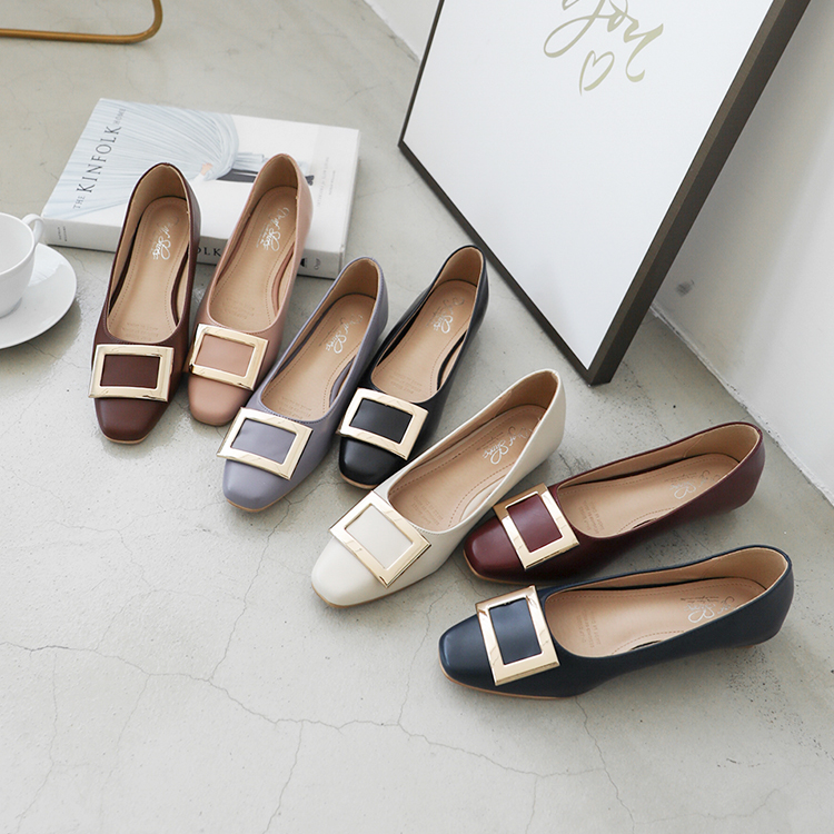 多色方頭娃娃鞋 韓系金屬大方釦低跟鞋