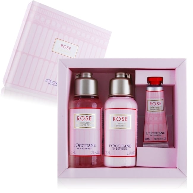 1.沐浴膠 75ml 2.美體乳 75ml 3.護手霜 10ml ◆公司貨 ◆散發柔美淡雅的玫瑰香氣 ◆天然潤澤成分 ◆能保濕滋養女性細嫩肌膚 ★使用方式：一般使用方法 ★保存方法：請置於陰涼處，請勿