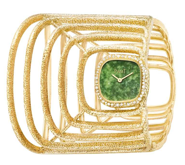 PIAGET「Extremely Piaget系列」18K黃金翡翠錶盤高級珠寶手鐲腕錶，天然翡翠錶盤，18K黃金錶殼，23mm，172顆鑽石╱4,030,000元。（圖╱PIAGET提供）