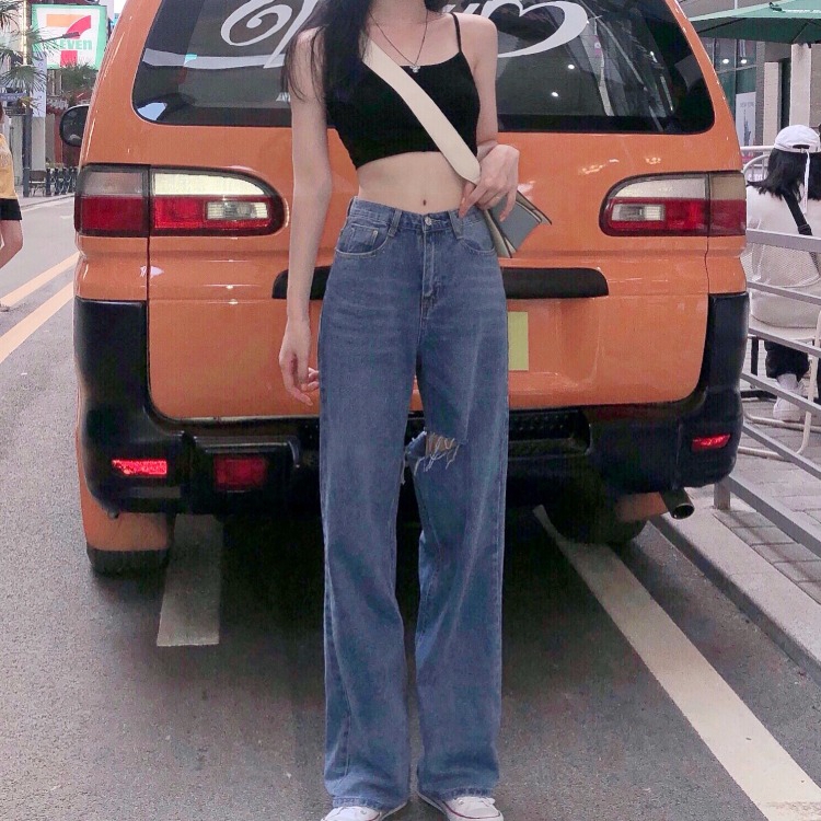 牛仔長褲 牛仔褲 單寧 長褲 直筒褲 高腰褲 女生長褲 寬褲 單寧褲 褲子 闊腿牛仔褲女寬松高腰顯瘦老爹褲破洞直筒褲