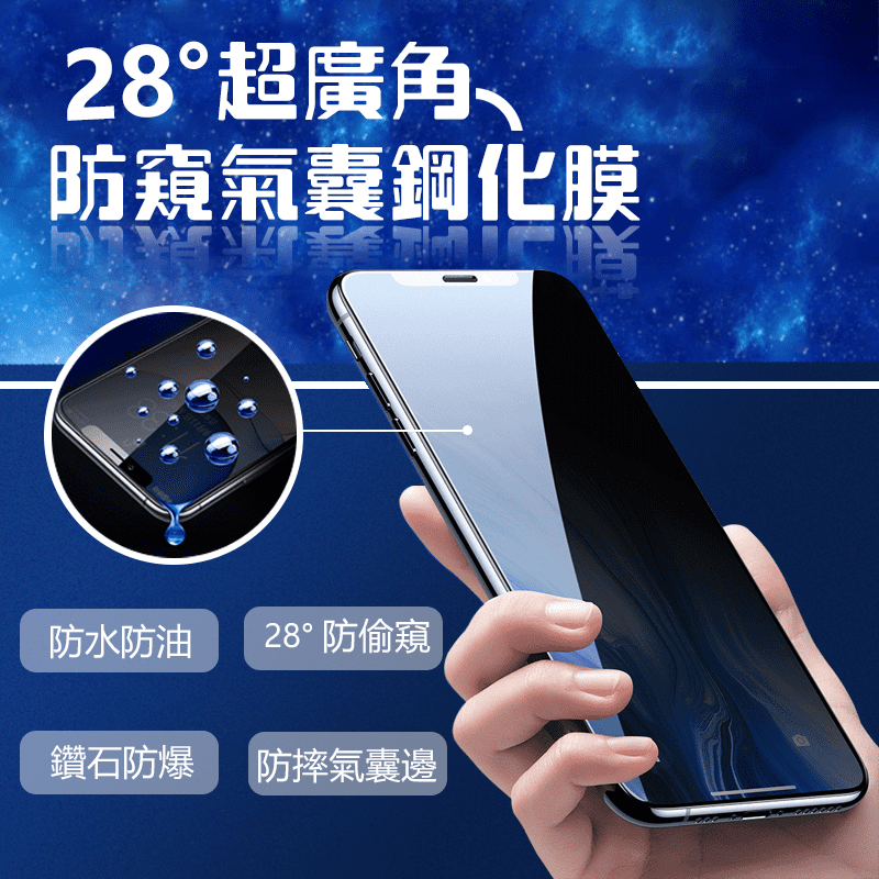 iPhone防窺玻璃保護貼，9h高硬度，耐磨防刮，氣囊強化工藝，柔韌抗衝擊，遠離碎邊煩惱。採用超微百葉穿光學技術，30°內側面防偷窺，保護隱私。全屏覆蓋手機弧面，緊密貼合，保護更周全。表面真空鍍膜工藝