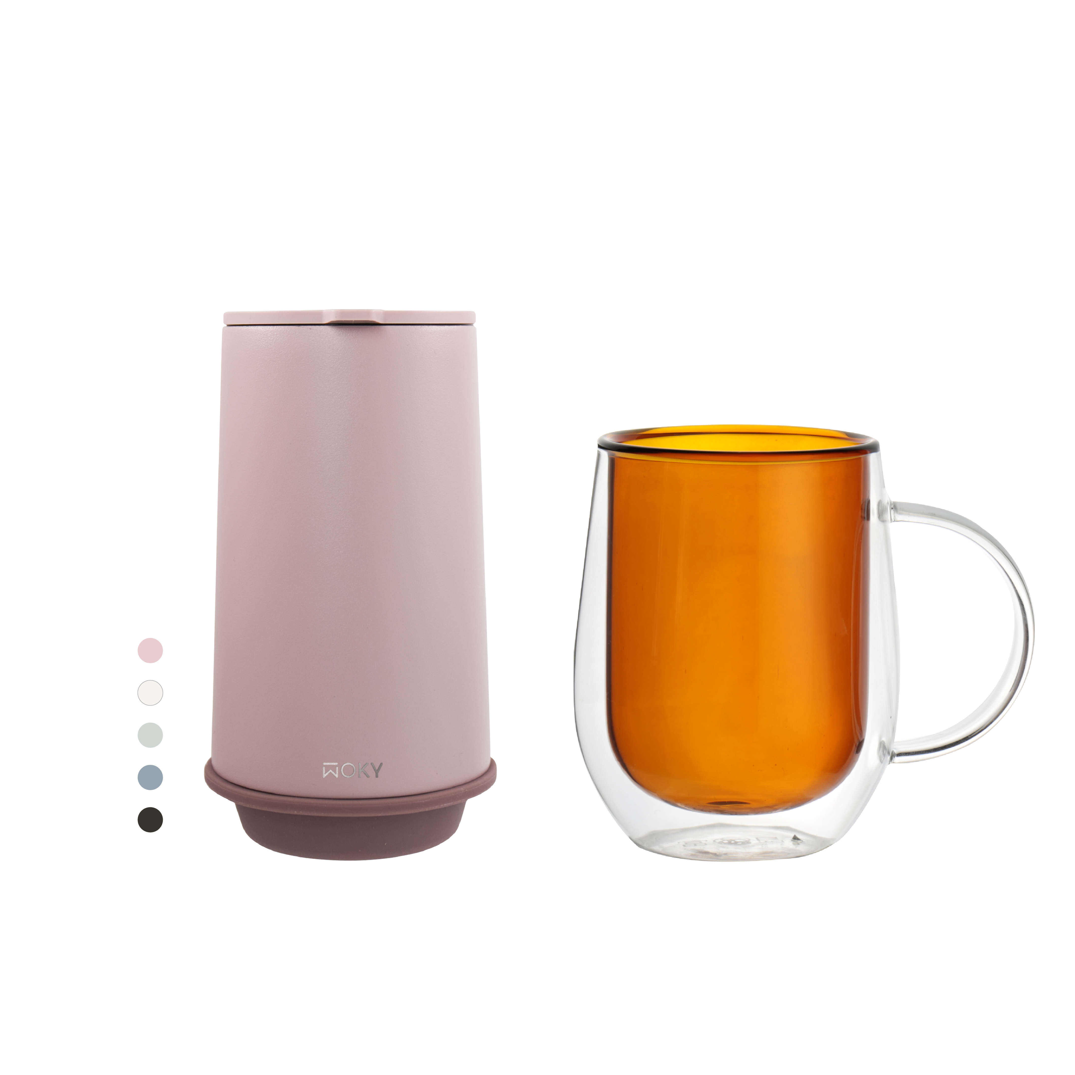 春季限定｜360° 輕芯鈦瓷易潔層雙蓋保溫杯500ML+雙層玻璃杯310ml(迷戀暖陽咖)