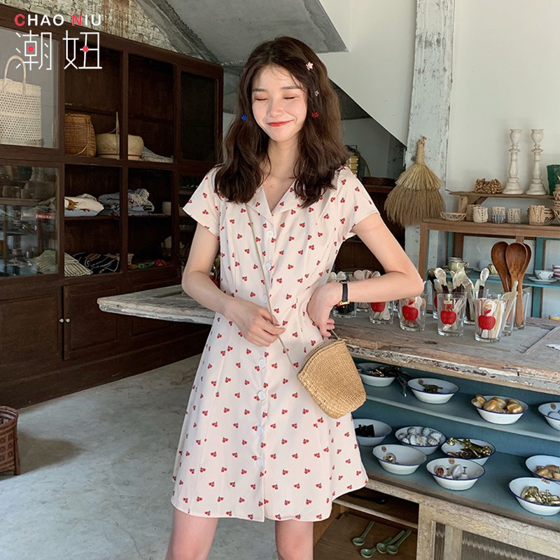 [優質現貨] 寬鬆洋裝 短袖洋裝 中長款收腰西裝領襯衫連衣裙 夏日復古小櫻桃連衣裙 小清新少女連衣裙 休閒洋裝 女生衣著