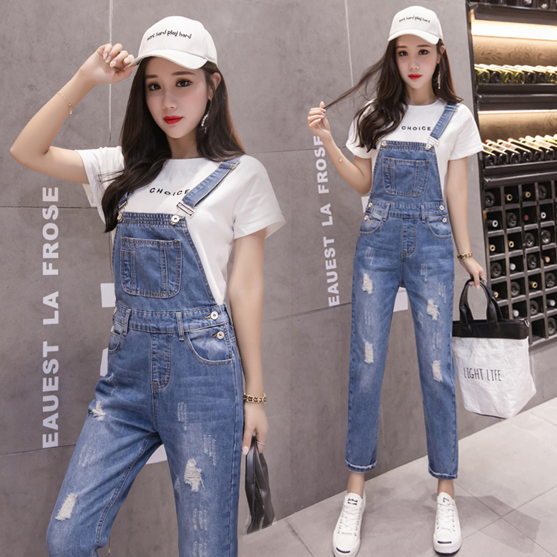 牛仔背▍帶褲女寬松秋季新款破洞休閑褲牛仔連體吊帶褲學生九分褲潮