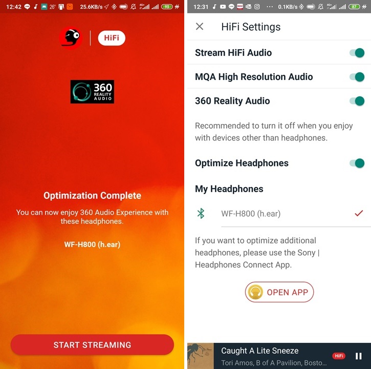 開啟支援 360 Reality Audio 的音樂程式即可啟動優化運算，在畫面上也可以找到目前所使用的耳機型號 WF-H800。進入音樂 App 選單裡也可以看到與音質相關的設定項目，以及是否開啟 360 Reality Audio 功能的選項。
