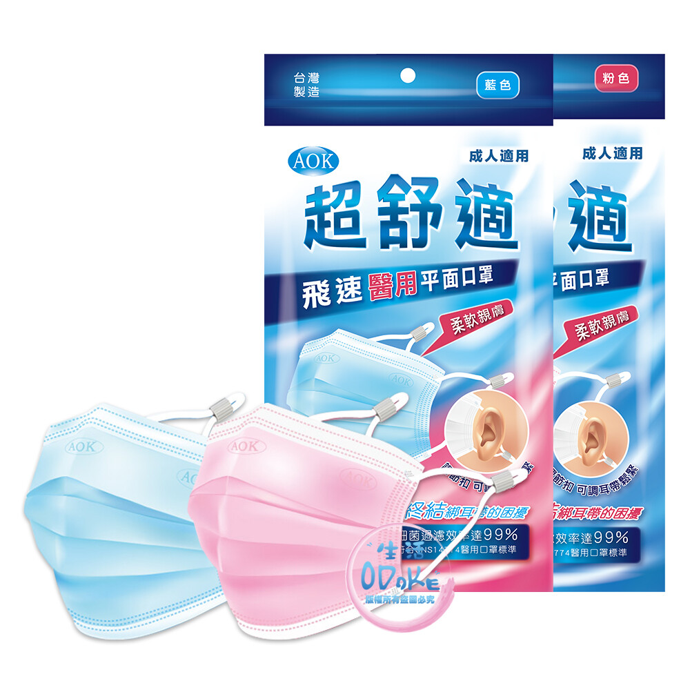 數量：5入/包 顏色：藍色、粉色 型號：20190005 尺寸：175 x 95 mm (成人款) 保存期限：五年 北衛器廣字第10611014號 醫療器材許可證所載品名：飛速醫用平面口罩(未滅菌)