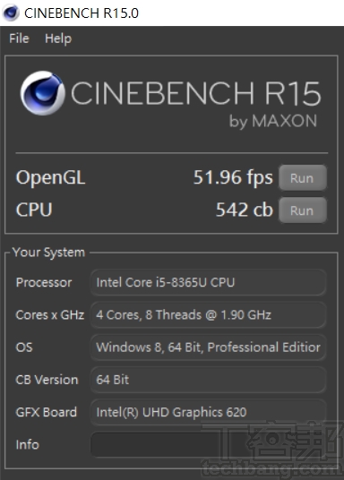 CINEBENCH R11.5測試中，OpenGL 為 51.96fps，處理器為 542 cb 的成績。