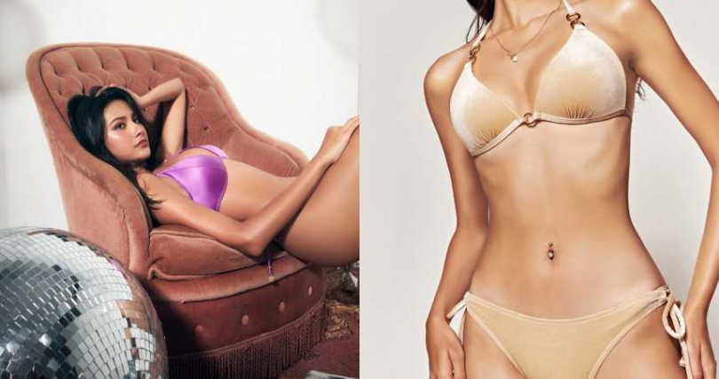 WAVE SHINE LUXURY PATRY奢光派對系列中的「奢華絨激升多環比基尼」、「金環絲綢激升比基尼」，除了採用好有質感的高奢緞面絲絨布，下厚上薄的胸墊也很適合上胸無肉的小胸女孩，一穿上秒成為人群中最時尚火辣的焦點。（圖／品牌提供）