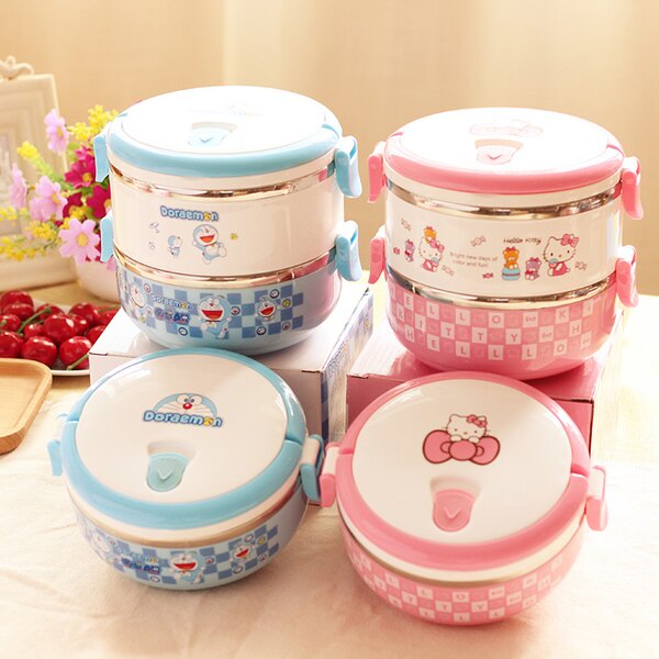 *vivi shop*可愛卡通 KITTY 叮噹 米奇 輕鬆熊 立體雙層防燙304鏽鋼+安全食品PP 保溫便當盒