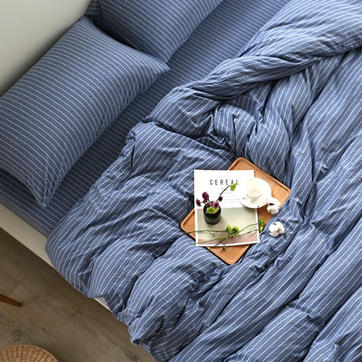 純棉雙人床包被套組 牛仔條紋 無印風格 針織工法 加厚版