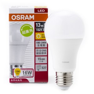 德國品牌 OSRAM 歐司朗 所推出的LED超廣角球泡型燈泡 發光效率 117 lm/W 色溫 3000K 演色性 Ra80 100~240V全電壓使用 節能省電，高發光效率 採E27燈座，泛用性高