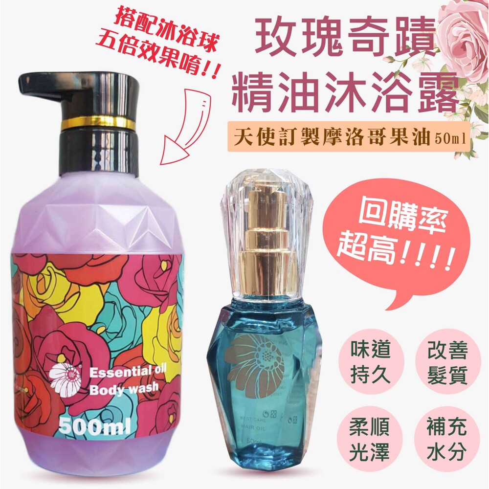 玫瑰奇蹟精油沐浴露500ml 容量:500ML 保存方法：請勿直接照射太陽或紫外線，請置於陰涼處 產地：台灣 沐浴露:主打超級細緻泡沫低敏保濕，尤其現在冬天到了更推！（幫助肌膚鎖水不乾燥） 產地:台灣