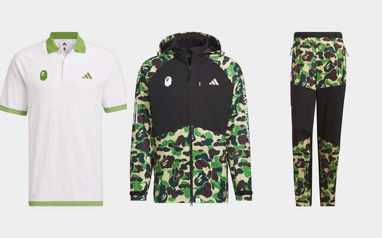 adidas GOLF x BAPE SS PK POLO G B／5,290元、adidas GOLF x BAPE JKT G BAPE／10,600元、adidas GOLF x BAPE PANTS G BAPE／8,600元（圖／品牌提供）