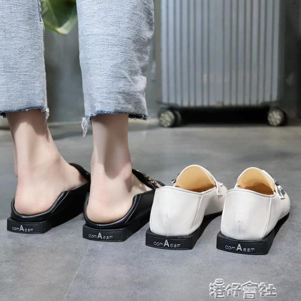 韓版方頭低跟單鞋女春季港風粗跟樂福鞋懶人兩穿小皮鞋女 港仔會社