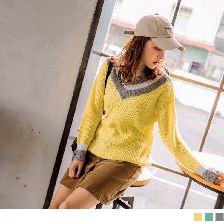 學院風配色v領坑條針織毛衣